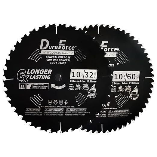 10 Inch 32T & 60T ATB Circular Saw Blades with 5/8 Inch Arbor for Miter/Table Saw, Combo Pack for General Purpose & Fine Finish Wood Cutting