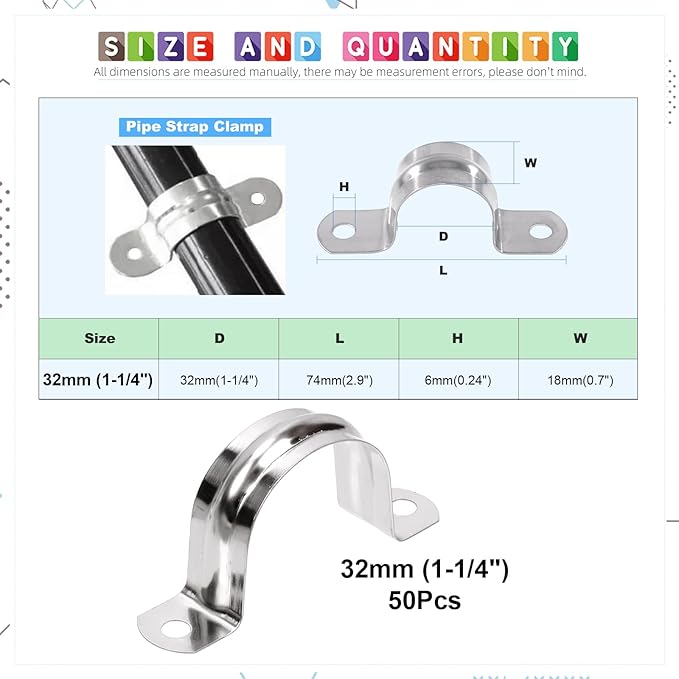 Glarks 50Pcs M8 Pipe Strap Clamp, 304 Stainless Steel 2 Hole Strap Heavy Duty Rigid Pipe Strap U Bracket Tube Strap Cable Clamp Hanger Tension Tube Clip for Pipe Tube Cable Fixing (32mm (1-1/4"))