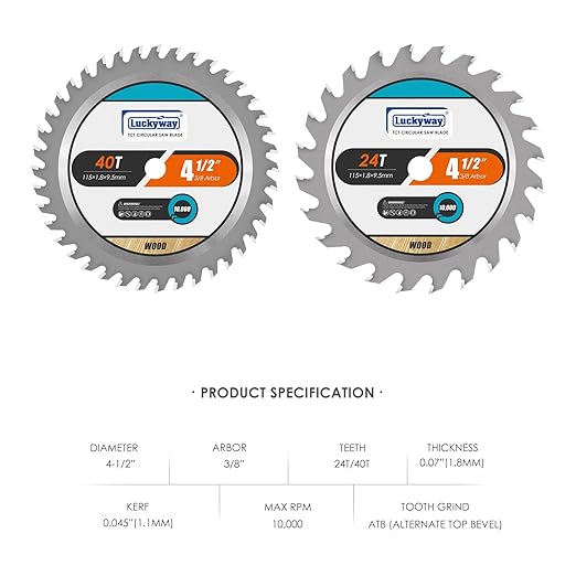 Luckyway 4-1/2 Inch Circular Saw Blade 24T Farming & 40T Fine Finish with 3/8 Inch Arbor, TCT Trim Saw Blade for Cutting Wood, 4-Pack