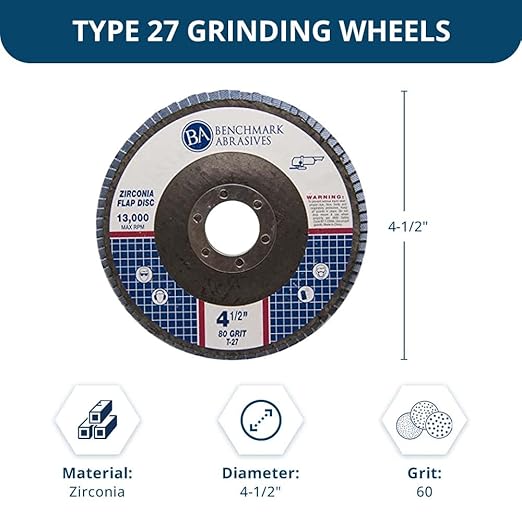 Benchmark Abrasives 4.5" Premium Zirconia Type 27 Flap Discs Grinding Wheels for Sanding Stock Rust Removal Finishing Grinding Deburring Stainless Steel, 7/8" Arbor (10 Pack) - 60 Grit