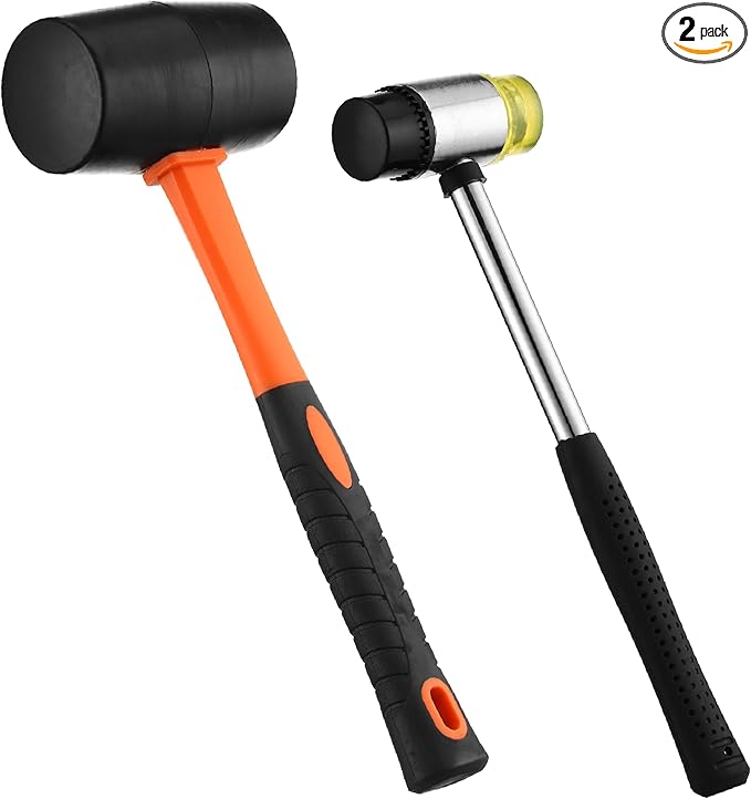 2 Pack Rubber Mallet Hammer Set, 16oz & 35mm Dual Faced Small Hammer with Fiberglass Handle, Rubber Mallet for Camping, Tiles, Tent Stakes, Woodworking, and Flooring
