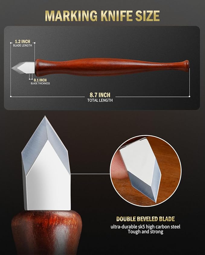 RAVS Double Bevel Striking Marking Knife Woodworking and Leather Sheath, Premium Rosewood Handle Scribing Knife with High Carbon Steel Blade for All Sorts of Wood