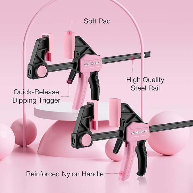 WORKPRO Bar Clamps for Woodworking, 6-Pack One-Handed Clamp/Spreader, 4PC 6" and 2PC 12" Wood Clamp Set, Light-Duty Quick-Change F Clamps with 150 lbs Load Limit, Pink Ribbon