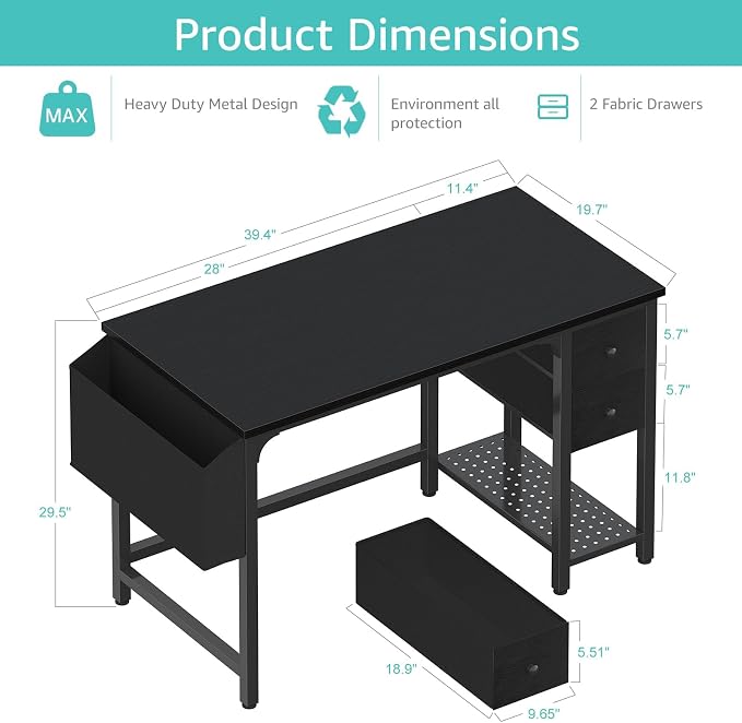 Lufeiya Computer Desk with Fabric Drawers, 40 Inch Reversible Gaming Desk - Image 3