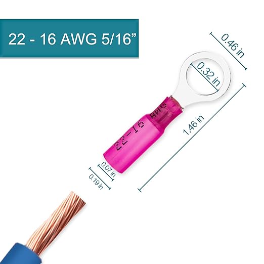 60 PCS Heat Shrink Wire Connectors, 22-16 AWG Ring Terminals, 22-16 Gauge 5/16" Stud(M8) Automotive Marine Ring Connectors by Housun