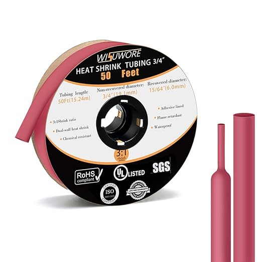 3/4" Heat Shrink Tubing, 3:1 Heat Shrinkable Tubing with Adhesive Lining Eco-Friendly Flame Retardancy Marine Grade Sleeving Tube Wrap Cable Wire 50 Feet Roll Red