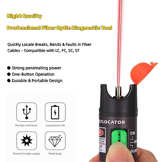 Visual Fault Locator,30KM Red Light Fiber Optic Cable Tester Meter, Cable Test Equipment Suitable with 2.5 mm Universal Connector FC Male to LC Female Adapter for CATV Telecommunications