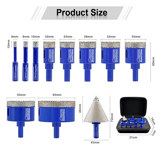 SHDIATOOL Diamond Drill Core Bits Kit, Hole Saw Sets, Diamond Drilling Mould Guide for Porcelain Tile Marble Ceramic Granite with Hollow EVA Guide Jig 11pcs(6/8/10/20/25/28/32/35/50/65/1-3/4inch)