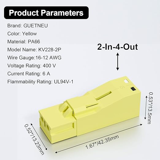 4Pcs Snap-on Quick Wire Connectors, 400V 6A 16-12 AWG, KV228-2P Connector for Luminaire Disconnect