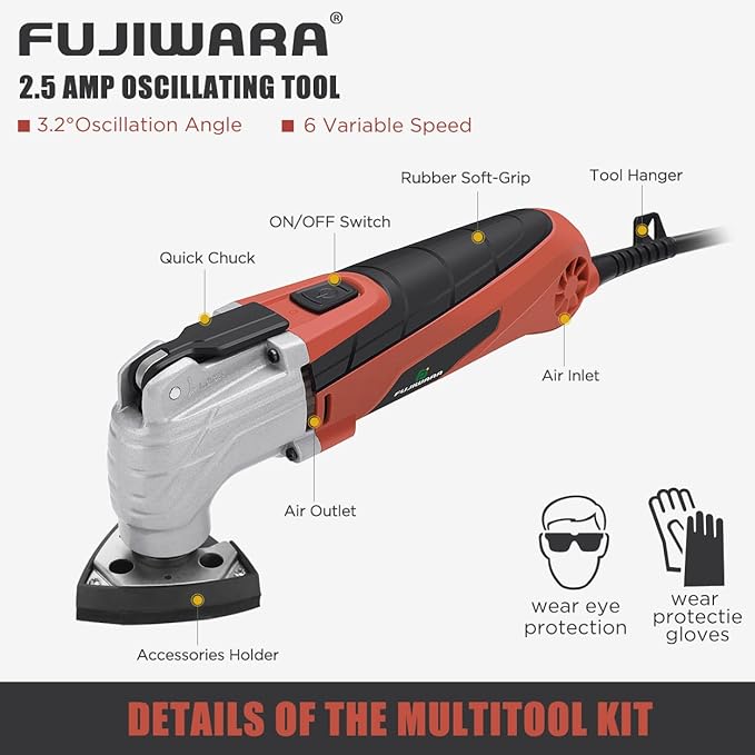 FUJIWARA Oscillating Tool Multi-Tool Kit, 2.5Amp 6 Variable Speed with Quick Lock Blade Change, Oscillating Saw Tool Angle 3.2°for Sanding Cutting Grinding with 33pcs Accessories