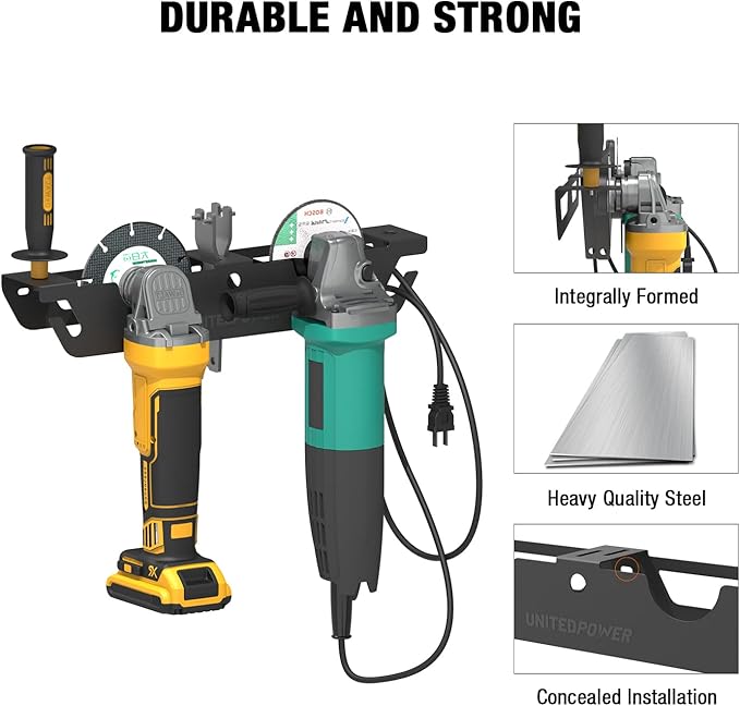 UNITEDPOWER Angle Grinder Holder - 2 Bay Angle Grinder Rack/Stand Storage Rack with Cord Hanger, Wall mount Bracket for Cutters Polishers, Garage and Workspace.