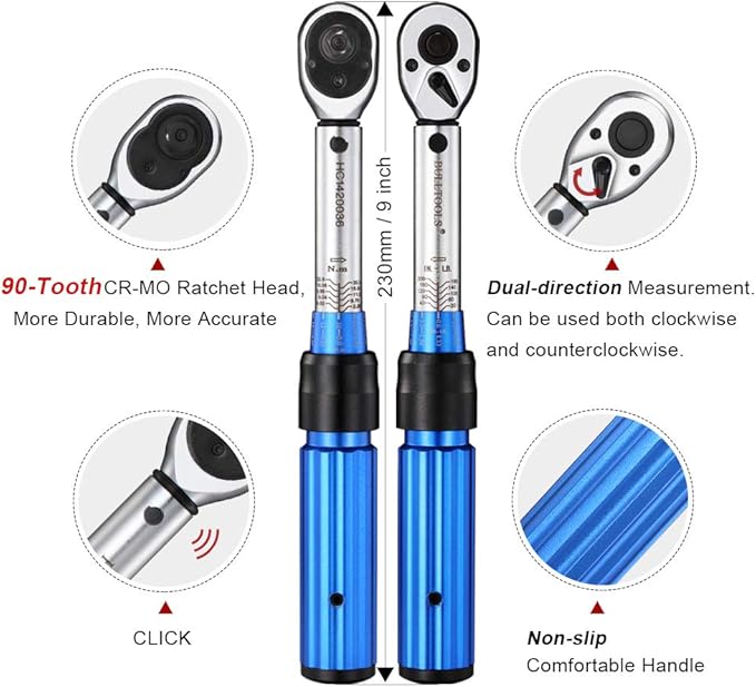 1/4-inch Drive Dual-Direction Click Torque Wrench (20-200in.lb / 2.26-22.6Nm) 90-tooth High Accuracy Torque Wrench