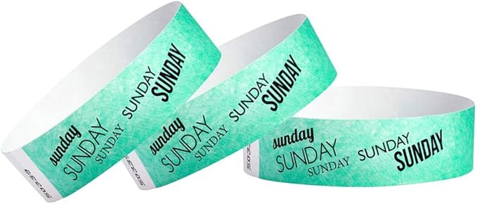 500 WristCo Sunday Aqua Tyvek Wristbands for Events - ¾” x 10” - Waterproof Recyclable Comfortable Tear Resistant Paper Bracelets Wrist Bands for Concerts Festivals Admission Party Tours