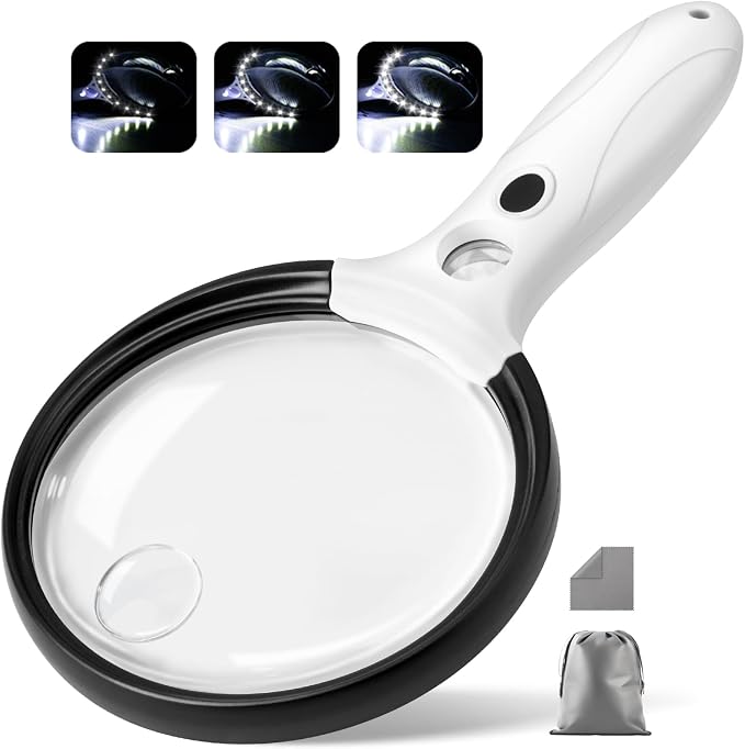 Large Magnifying Glass with Light, 12 LED Lights, Storage Bag, Clean Cloth by Unknown