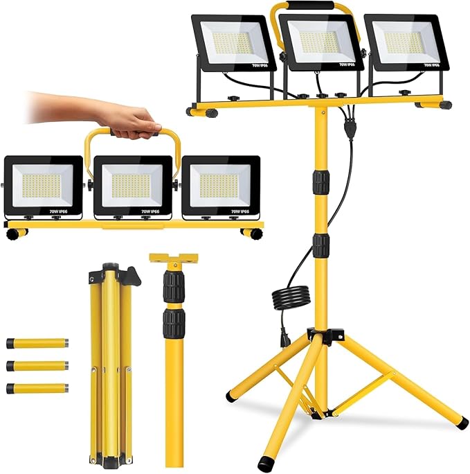 21000 Lumen LED Work Light with Stand -3 Head Portable Work Light 6500 Kelvin Color IP66 Waterproof Tripod Worklights for Job Site Workshop Garage Construction Site Lighting (3-Head)