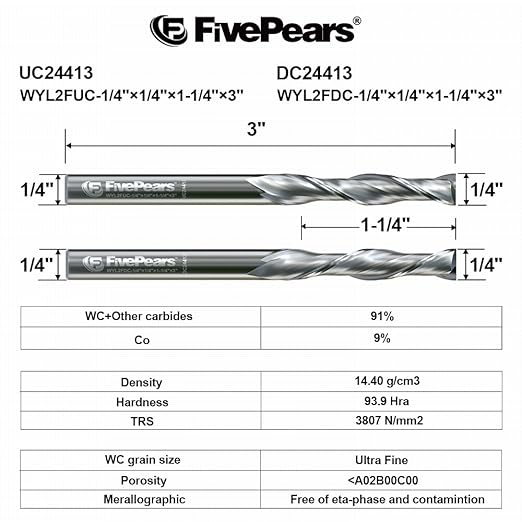 FivePears Up&Down Cut Spiral Router Bits Set for CNC, 1/4 inch Cutting Diameter and 1-1/4 inch Cutting Length 1/4 inch Shank Carbide End Mill Router Bit for Wood Carving Engraving Grinding Grooving