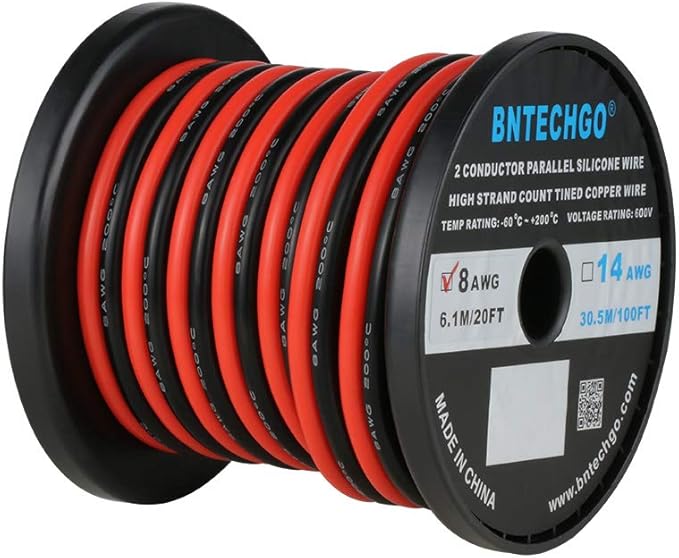 BNTECHGO 8 Gauge Flexible 2 Conductor Parallel Silicone Wire Spool Red Black High Resistant 200 deg C 600V for Single Color LED Strip Extension Cable Cord,Model,20ft Stranded Tinned Copper Wire