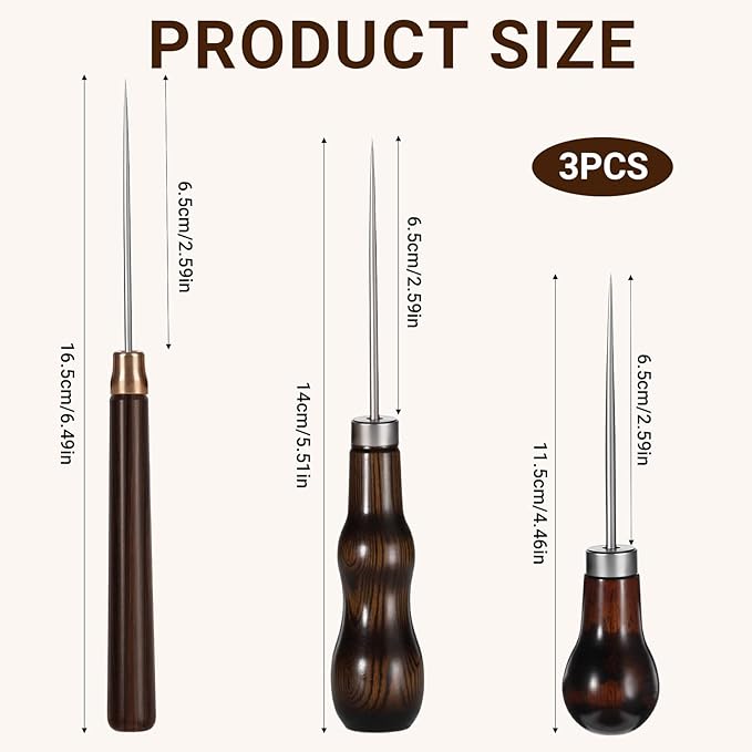 3 Pack Scratch Awl Tool, Wooden Handle Scratch Awl Leather Awl Punch Tool for Leather Punch Hole Craft DIY Handmade Pin Punching Needles