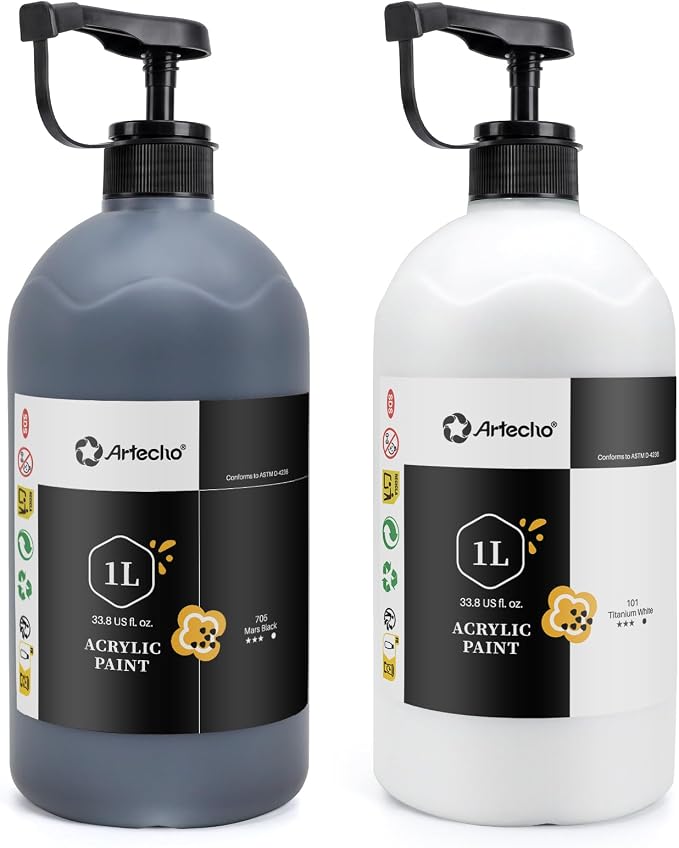 Artecho White and Black Acrylic Paint 1000ml / 33.8 fl oz Pump Dispenser | by Artecho
