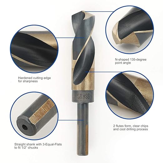 COMOWARE 5/8" Reduced Shank Drill Bit, HSS M2, Black & Gold Drill Bit with 3-Flat 1/2" Shank, 135° Split Point, Metal Drills Bits for Steel/Aluminum/Iron/Plastic/Wood, for Electricians & DIY