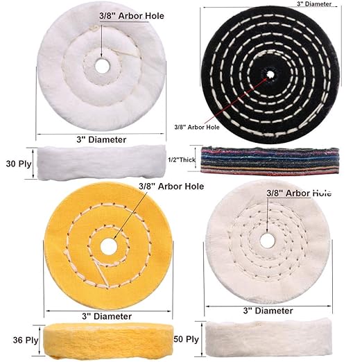 SCOTTCHEN 3" Buffing Polishing Wheels Soft(30Ply)/ Fine(50Ply)/ Medium(36Ply)/ Coarse 1/2" Thick/Rough 1/2" Thick 3/8" Arbor Hole with 2sets 1/4" Shank for Drill - 5Pack