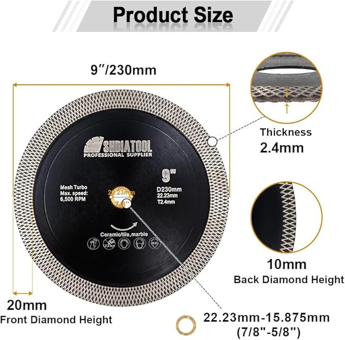SHDIATOOL Tile Diamond Saw Blades 9-Inches Cutting Disc,Cut-Off Wheel for Dry/Wet Cutting Grinding Ceramic Marble Artificial Stone 180mm