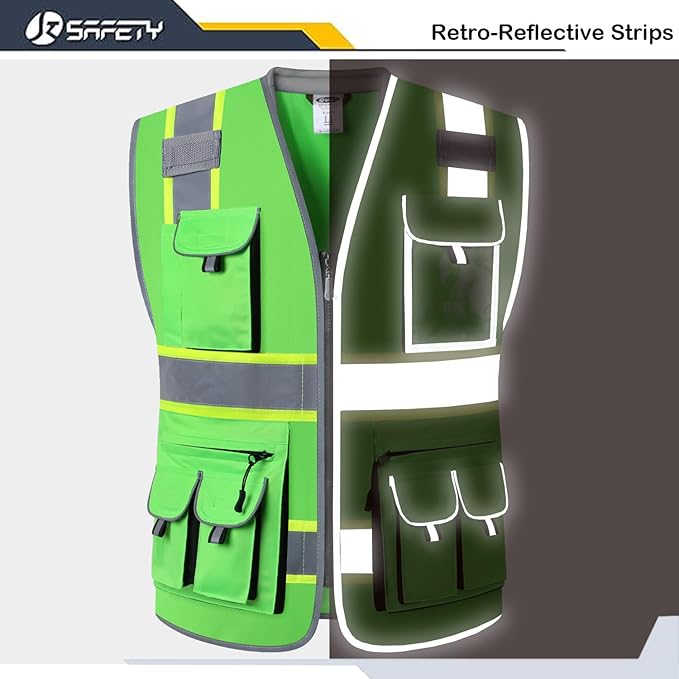 JKSafety 10 Pockets Hi-Vis Zipper Front Fluorescent Green Safety Vest | Cushioned Collar | High Reflective Tapes with Extended Neon Yellow Strips | Meets ANSI/ISEA Standards (Medium, 89-Green)