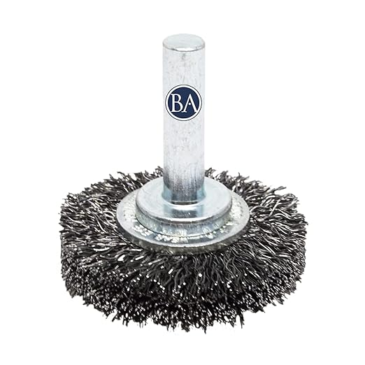 Benchmark Abrasives 1-1/2" Mounted Crimped Wire Wheel for Cleaning deburring on Cast Iron, Steel, Titanium, Nickel, 1/4" Shank for Rotary Tools, Coarse Grit - Carbon Steel