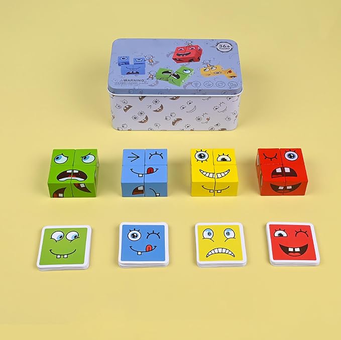 Large Wooden Face Expression Puzzle Building Cubes Manipulatives Face Changing - Image 6