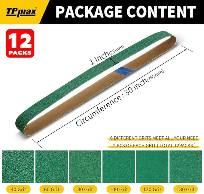 12 Pack 1 x 30 Inch Zirconia Ceramic Sanding Belts Kit – 40, 60, 80, 100, 120, 180 Grits Premium Metal Grinding Belts for Knife Sharpening, Stock Removal, and Bevel Work