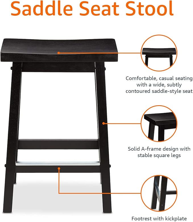 Amazon Basics Solid Wood Saddle-Seat Kitchen Counter Barstool with Footrest, Easy Assembly - 24-Inch Height - Black - Set of 2