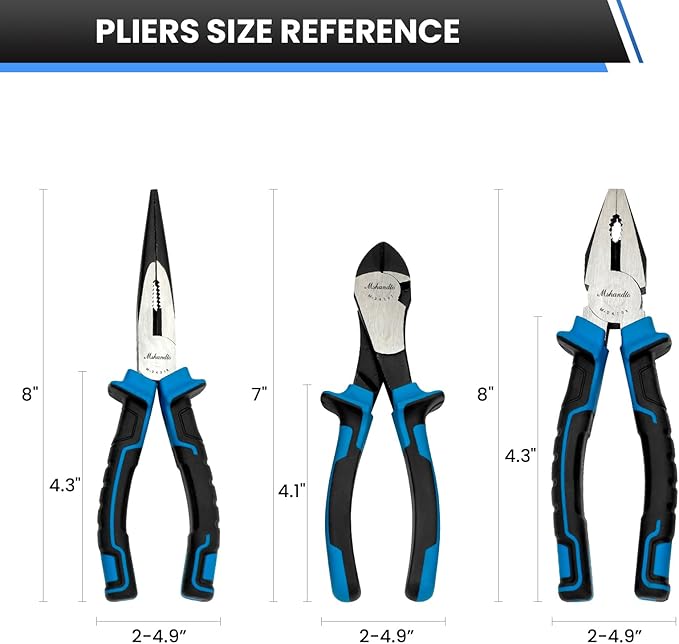 3 Pieces Plier Set, Including 8" Needle Nose Pliers, 8" Linesman Pliers and 7" Diagonal Cutting Pliers, Premium Cr-V Construction for Plumbing, and General Applications Multi-use Tools