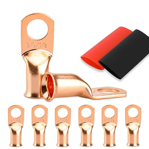 Battery Cable Ends, 8PCS Battery Cable Ends, 2/0 Gauge Wire Connectors 1/2 Copper Wire Lugs, Bare Copper Eyelets with Heat Shrink Tubing