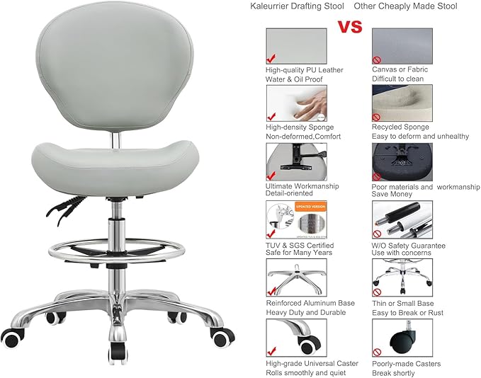 Kaleurrier Adjustable Stools Drafting Chair with Backrest & Foot Rest,Tilt Back,Swivel Seat,Rolling Wheels,for Studio,Dental,Office,Salon and Counter,Armless Tall Home Desk Chairs (Grey)