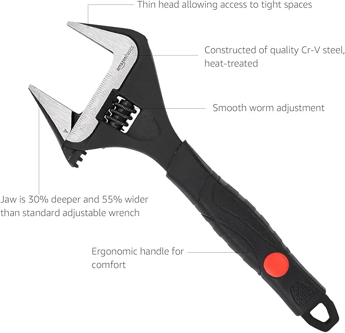 Amazon Basics 4-Piece Plumbing Adjustable Wrench with Soft Grip, Wide Mouth, Includes: 6-inch (150mm), 8-inch (200mm), 10-inch (250mm), 12-inch (300mm), 4 Sizes Bundle