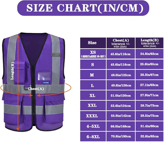 A-SAFETY Purple Reflective Safety Vest - Workwear with 7 Pockets, Hi Vis, Durable, 4 Lower Pockets