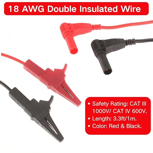 4PCS Heavy Duty Alligator Clips Test Leads, 18AWG Multimeter Alligator Clips Test Leads to Right Angle 4mm Banana Plug for Multimeter & Voltmeter, 3Ft 600V/1000V, Double Insulated ﻿ ﻿