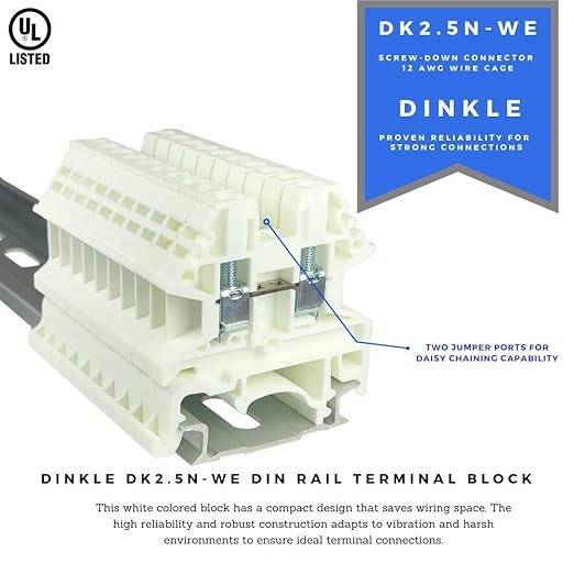Dinkle White DK2.5N-WE DIN Rail Terminal Block Screw Type UL 600V 20A 12-22AWG, Pack of 100