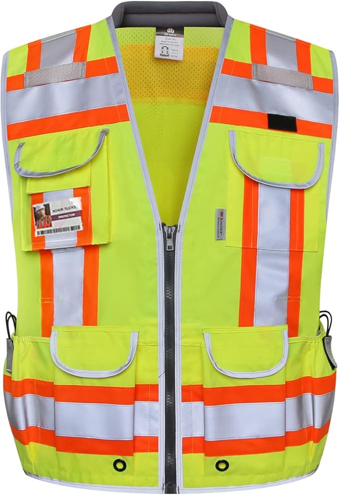 Dib Safety Reflective Vest Heavy Duty, High Visibility Two Tone Engineer Vest, Made with 3M Tape, Padded Collar, Retractable ID Pocket, Yellow L