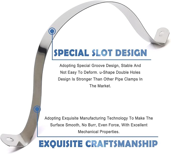 NGe 6Inch Rigid Pipe Strap Clamp U Bracket Tube Strap Tension Clips Two Holes Tube Straps Stainless Steel Silver,for Pipe Fixing(3Pcs)