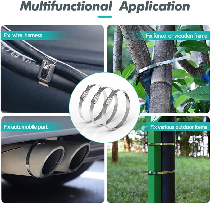 Metal Zip Ties 32 inch 304 Stainless Steel Locking Cable 250LB 800mm 100pcs Heavy Duty Exhaust Wrap Multi Purpose Binding for machinery, vehicles, farms, cables, pipes,Fence