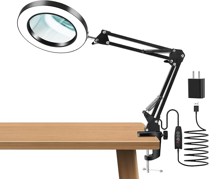 10X Magnifying Glass with Light and Clamp, Real Glass Lens, Adjustable Swing Arm by GNQJDC