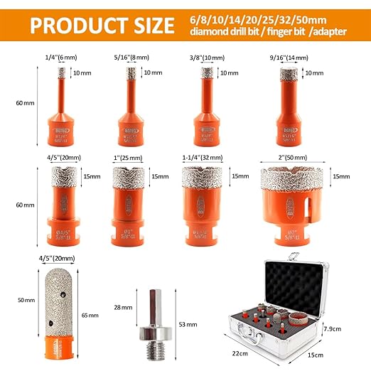 Diamond Core Drill Bits Set,BGTEC 10pcs Tile Hole Saw Kit 6/8/10/14/20/25/32/50mm with 20mm Finger Bits for Porcelain Tile,Ceramic Granite Marble Stone Masonry Brick