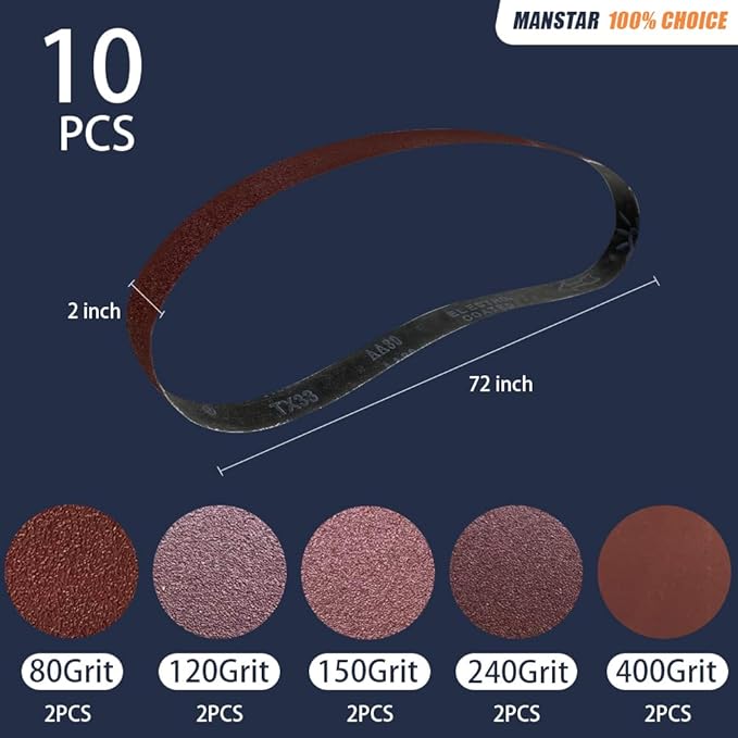 10 Pcs 2 x 72 Inch Assorted Aluminum Oxide Sanding Belt,80/120/150/240/400 Grit