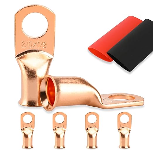 4PCS Battery Cable Ends, 2/0 Gauge Wire Connectors 1/2 Copper Wire Lugs, Bare Copper Eyelets with Heat Shrink Tubing by HOUSUN
