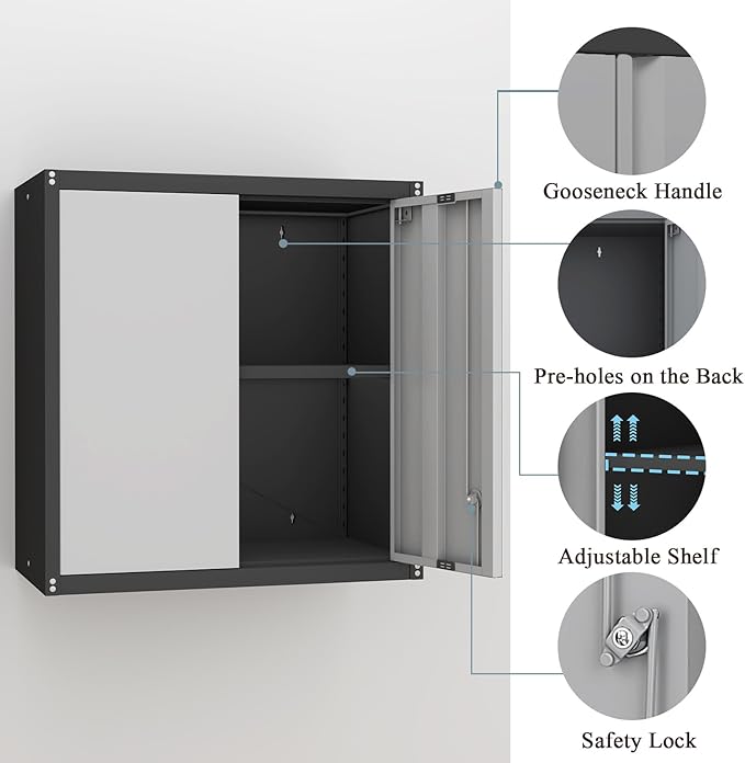 Metal Garage Wall Cabinet, 28" Wall Mount Storage Cabinets with Locking Doors and Shelf, Metal Small Storage Cabinets for Garage, Laundry Room, Kitchen, Pantry