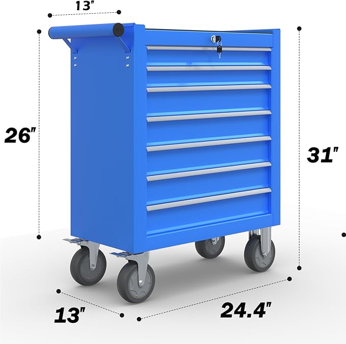 7-Drawer Rolling Tool Chest,Metal Rolling Tool Chest with Wheels and Locking Tool Box,Portable Metal Tool Box for Warehouse,Garage, Repair Shop, Workshop (Blue, 7-Drawer)