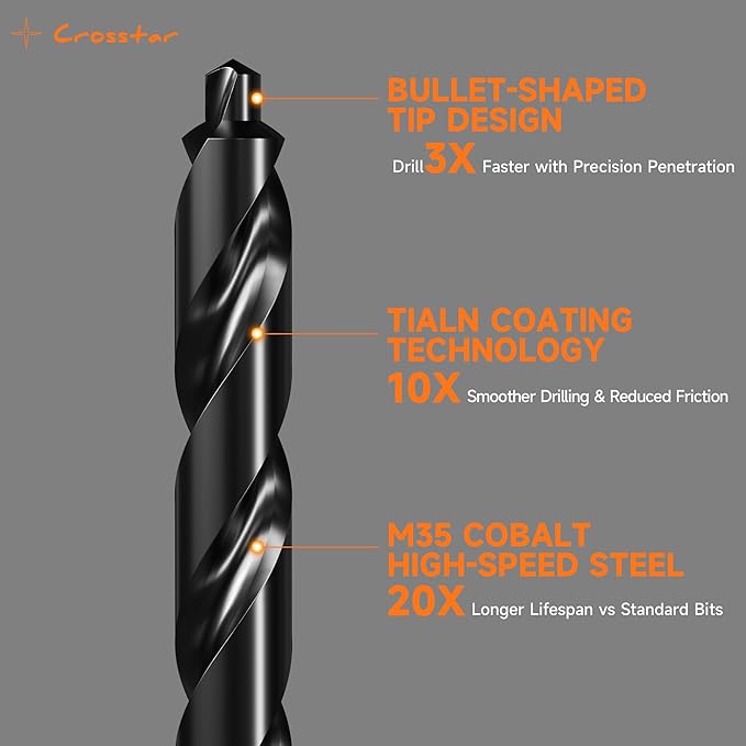 Crosstar M35 Cobalt Drill Bit Set - 21pcs 1/16"-1/2" Titanium Coated Self-Centering Metal Drill Bits for Hardened Steel, Stainless Steel, Cast Iron | Bullet Point Tip, High-Speed Jobber Bits