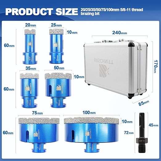 Diamond Hole Saw Kit - 6pcs Drill Bits for Porcelain Tile, Ceramic, Marble, Granite, 5/8-11 Thread, 4/5" to 4" (20 to 100mm)