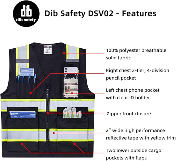 Dib Safety Reflective Vest High Visibility with Pockets and Zipper, Black with Yellow Trim L